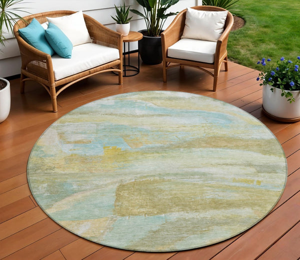 HomeRoots 8' Round Abstract Area Rug - Stylish Beige, Sky Blue & Ivory, Washable for Indoor & Outdoor Use! 629939