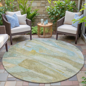 HomeRoots 8' Round Abstract Area Rug - Stylish Beige, Sky Blue & Ivory, Washable for Indoor & Outdoor Use! 629939