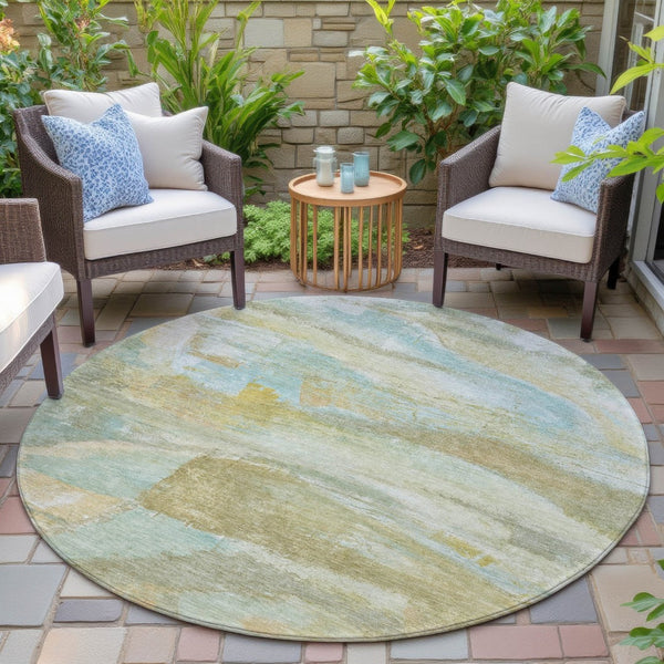 HomeRoots 8' Round Abstract Area Rug - Stylish Beige, Sky Blue & Ivory, Washable for Indoor & Outdoor Use! 629939