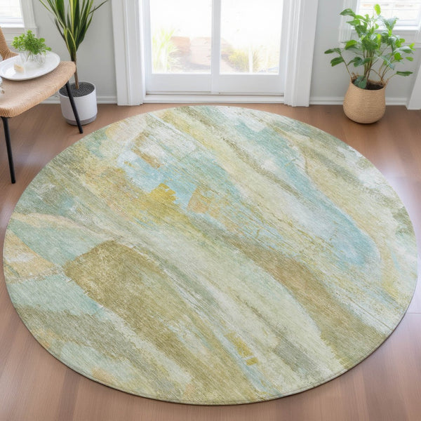 HomeRoots 8' Round Abstract Area Rug - Stylish Beige, Sky Blue & Ivory, Washable for Indoor & Outdoor Use! 629939
