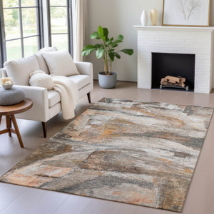 HomeRoots 5' Stylish Abstract Washable Area Rug in Brown, Gray, and Copper for Indoor and Outdoor Spaces 629944