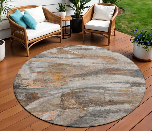 HomeRoots 8' Round Abstract Area Rug - Modern Brown, Gray & Copper Design, Washable for Indoor/Outdoor Use 629945