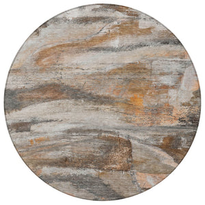 HomeRoots 8' Round Abstract Area Rug - Modern Brown, Gray & Copper Design, Washable for Indoor/Outdoor Use 629945