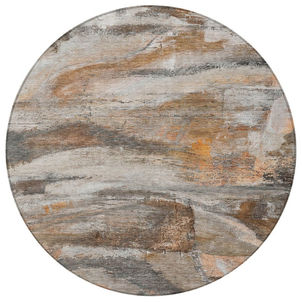 HomeRoots 8' Round Abstract Area Rug - Modern Brown, Gray & Copper Design, Washable for Indoor/Outdoor Use 629945