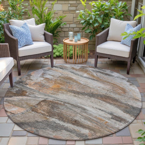 HomeRoots 8' Round Abstract Area Rug - Modern Brown, Gray & Copper Design, Washable for Indoor/Outdoor Use 629945