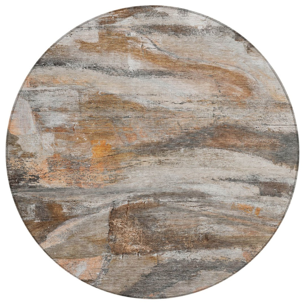 HomeRoots 8' Round Abstract Area Rug - Modern Brown, Gray & Copper Design, Washable for Indoor/Outdoor Use 629945