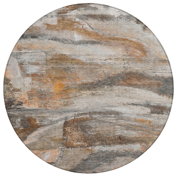 HomeRoots 8' Round Abstract Area Rug - Modern Brown, Gray & Copper Design, Washable for Indoor/Outdoor Use 629945