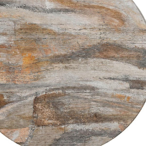 HomeRoots 8' Round Abstract Area Rug - Modern Brown, Gray & Copper Design, Washable for Indoor/Outdoor Use 629945
