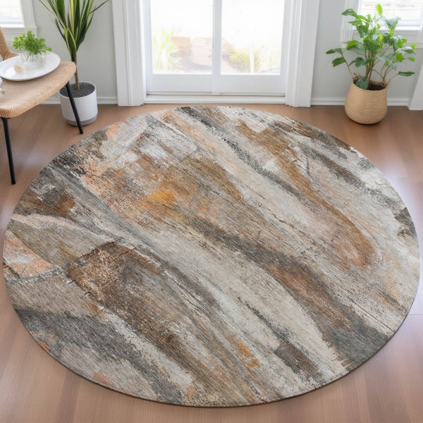 HomeRoots 8' Round Abstract Area Rug - Modern Brown, Gray & Copper Design, Washable for Indoor/Outdoor Use 629945
