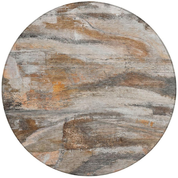 HomeRoots 8' Round Abstract Area Rug - Modern Brown, Gray & Copper Design, Washable for Indoor/Outdoor Use 629945
