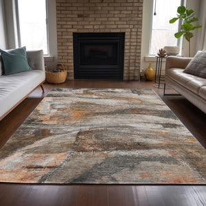 HomeRoots 9' X 12' Abstract Washable Area Rug in Brown, Gray & Copper - Stylish, Durable & Versatile Decor Piece 629947