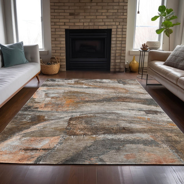 HomeRoots 10' Abstract Washable Area Rug in Brown, Gray & Copper - Indoor/Outdoor Durable Design for All Spaces 629948