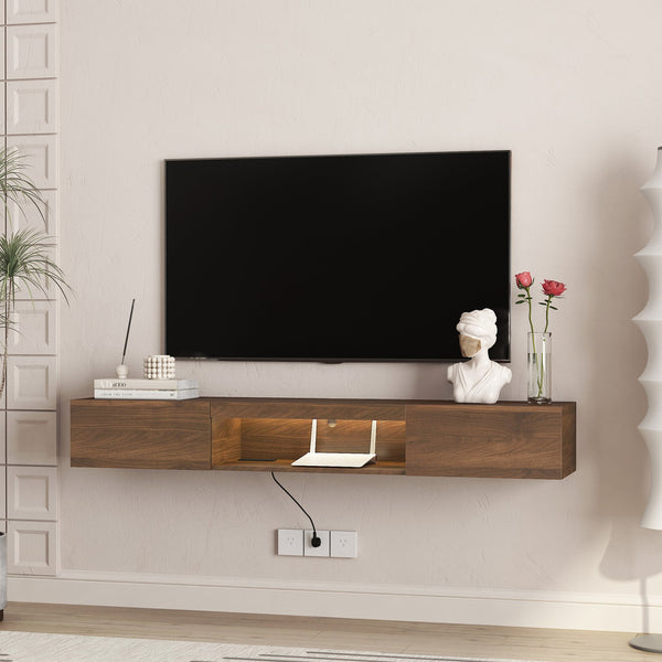English Elm Floating TV Stand Wall Mounted 63" Modern Wood Floating TV Cabinet with 16-Color LEDs, Cable Management, Large Storage and Easy Install W1321P330270