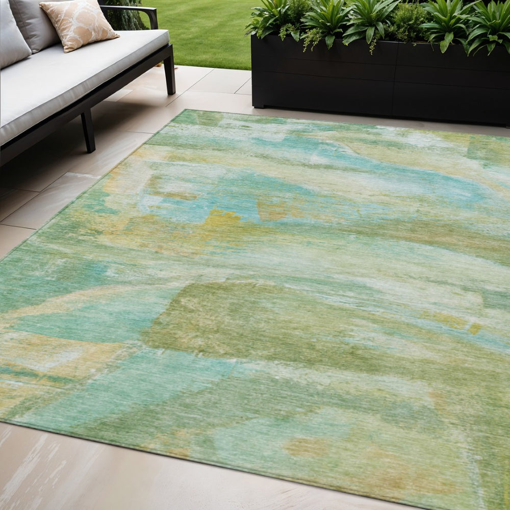 HomeRoots 5' Abstract Washable Indoor Outdoor Area Rug in Green, Teal, Blue & Copper – Stylish & Durable! 629950