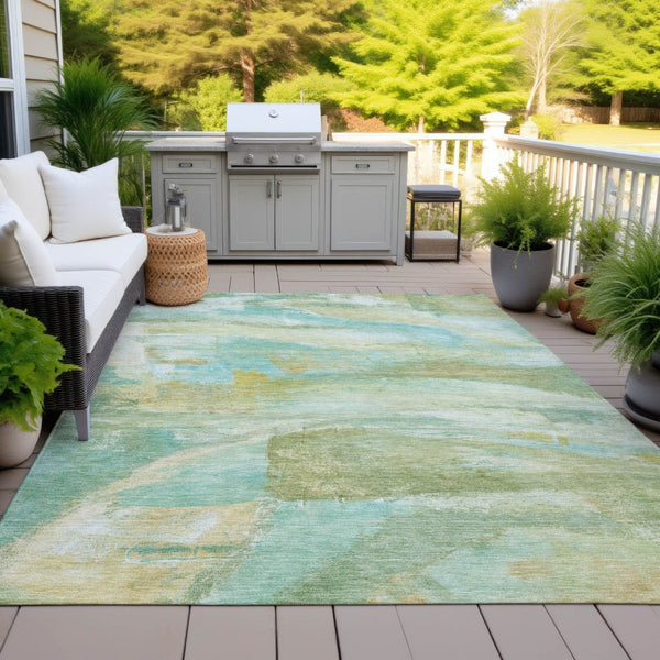 HomeRoots 5' Abstract Washable Indoor Outdoor Area Rug in Green, Teal, Blue & Copper – Stylish & Durable! 629950