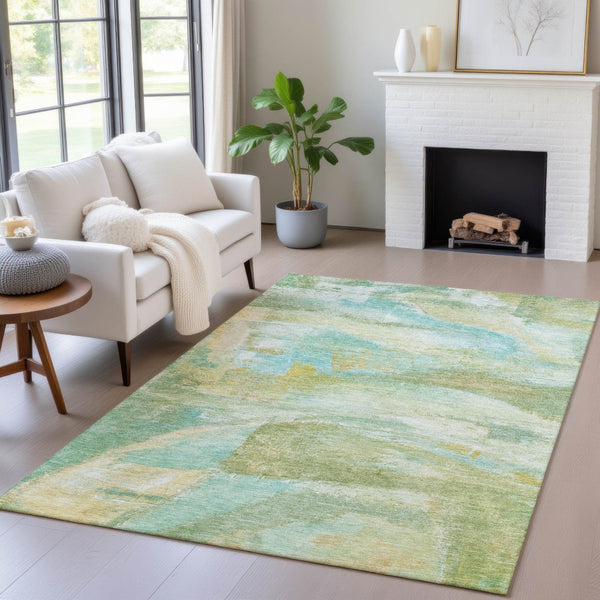 HomeRoots 5' Abstract Washable Indoor Outdoor Area Rug in Green, Teal, Blue & Copper – Stylish & Durable! 629950