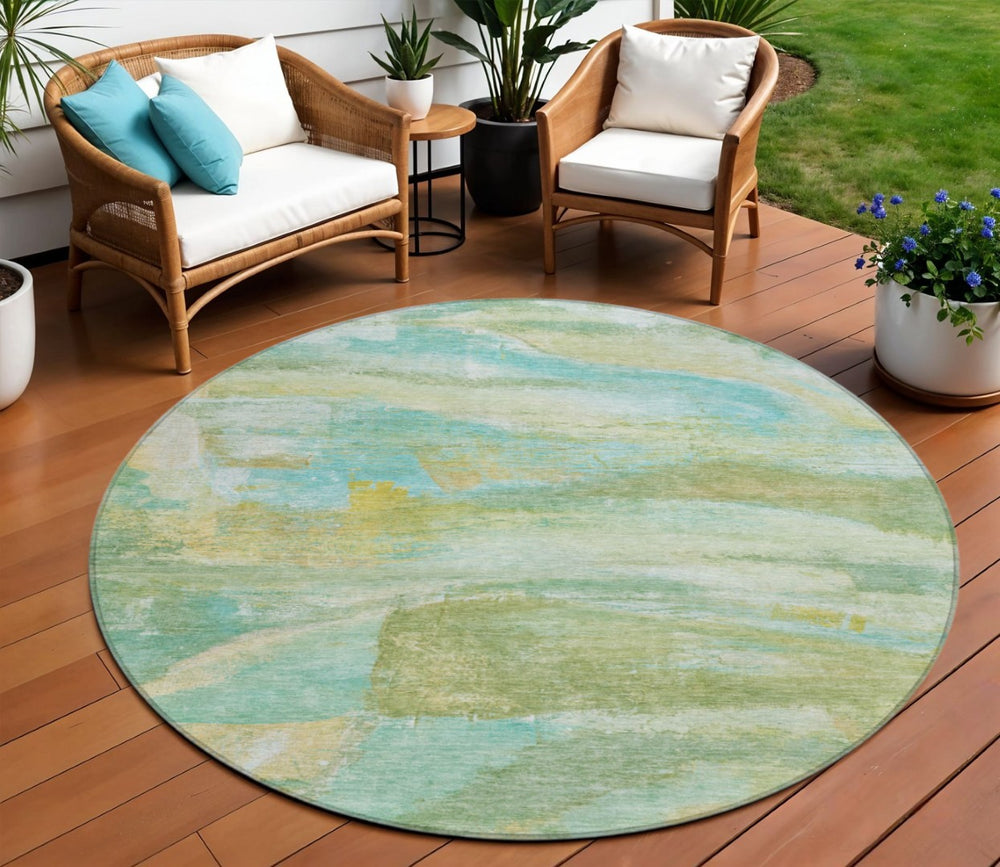 HomeRoots 8' Vibrant Round Abstract Area Rug in Green, Teal Blue & Copper – Washable for Indoor/Outdoor Use! 629951