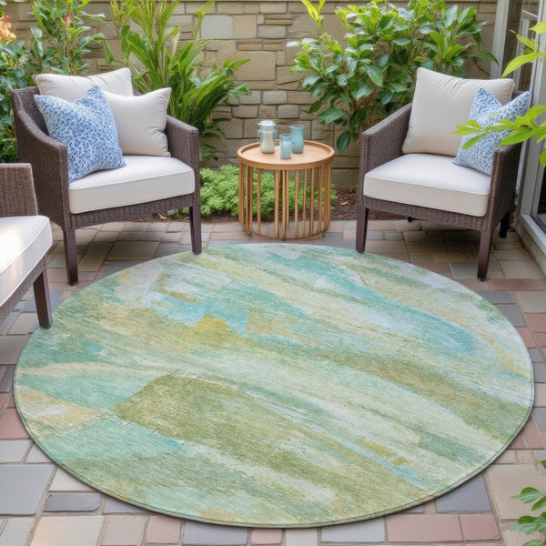 HomeRoots 8' Vibrant Round Abstract Area Rug in Green, Teal Blue & Copper – Washable for Indoor/Outdoor Use! 629951