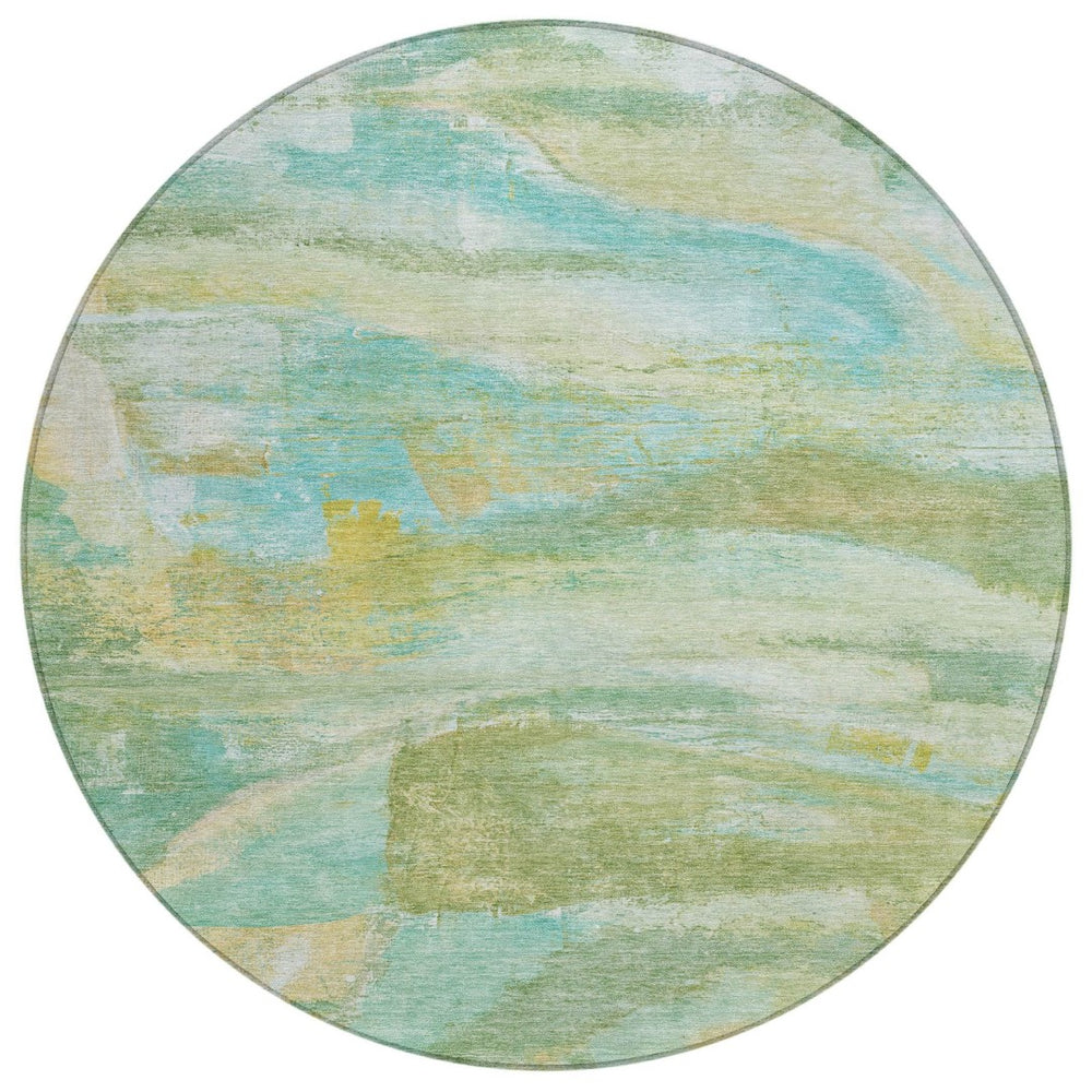 HomeRoots 8' Vibrant Round Abstract Area Rug in Green, Teal Blue & Copper – Washable for Indoor/Outdoor Use! 629951