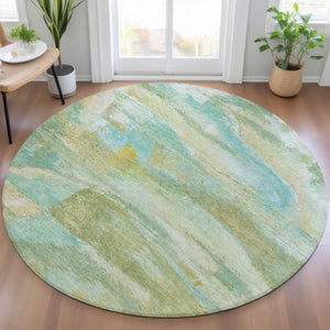 HomeRoots 8' Vibrant Round Abstract Area Rug in Green, Teal Blue & Copper – Washable for Indoor/Outdoor Use! 629951