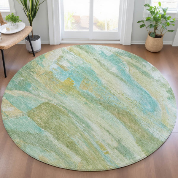 HomeRoots 8' Vibrant Round Abstract Area Rug in Green, Teal Blue & Copper – Washable for Indoor/Outdoor Use! 629951