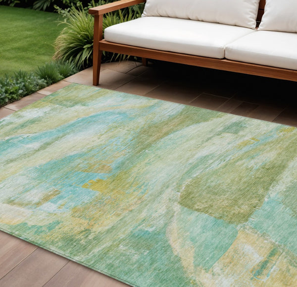 HomeRoots 9' Abstract Washable Area Rug in Green, Teal, Blue & Copper - Durable Indoor/Outdoor Style! 629953