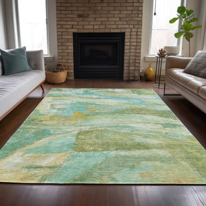 HomeRoots 9' Abstract Washable Area Rug in Green, Teal, Blue & Copper - Durable Indoor/Outdoor Style! 629953