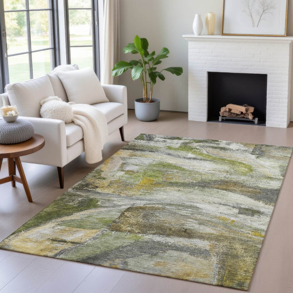 HomeRoots 5' X 8' Olive Green Abstract Indoor Outdoor Rug - Stylish, Washable, Durable for High-Traffic Spaces 629956