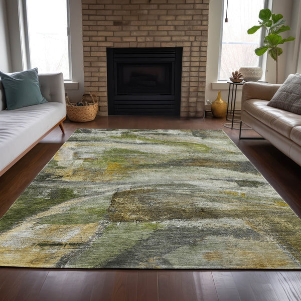 HomeRoots 5' X 8' Olive Green Abstract Indoor Outdoor Rug - Stylish, Washable, Durable for High-Traffic Spaces 629956