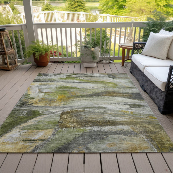 HomeRoots 5' X 8' Olive Green Abstract Indoor Outdoor Rug - Stylish, Washable, Durable for High-Traffic Spaces 629956