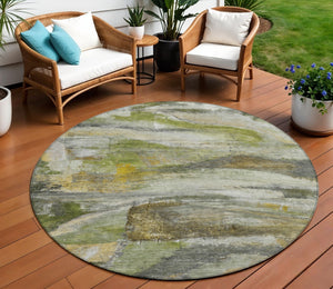 HomeRoots 8' Round Abstract Area Rug in Olive Green, Gray & Ivory - Stylish, Washable for Indoor & Outdoor Use 629957