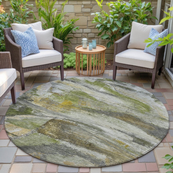 HomeRoots 8' Round Abstract Area Rug in Olive Green, Gray & Ivory - Stylish, Washable for Indoor & Outdoor Use 629957