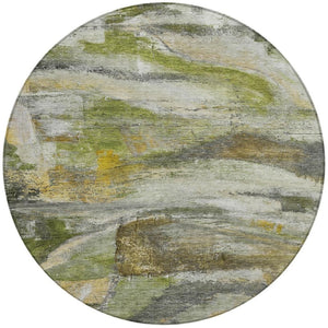 HomeRoots 8' Round Abstract Area Rug in Olive Green, Gray & Ivory - Stylish, Washable for Indoor & Outdoor Use 629957