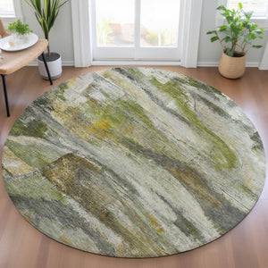 HomeRoots 8' Round Abstract Area Rug in Olive Green, Gray & Ivory - Stylish, Washable for Indoor & Outdoor Use 629957