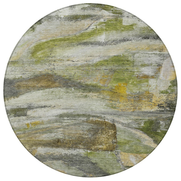 HomeRoots 8' Round Abstract Area Rug in Olive Green, Gray & Ivory - Stylish, Washable for Indoor & Outdoor Use 629957