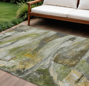 HomeRoots 9' X 12' Contemporary Olive Green Gray Ivory Abstract Washable Area Rug for Indoor & Outdoor Use 629959