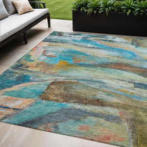HomeRoots 5' X 8' Teal Blue Copper Beige Abstract Washable Rug - Durable Indoor/Outdoor Style & Easy Care! 629962