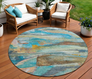 HomeRoots 8' Teal Blue Copper Abstract Round Rug – Washable, Durable, Perfect for Indoor & Outdoor Spaces 629963