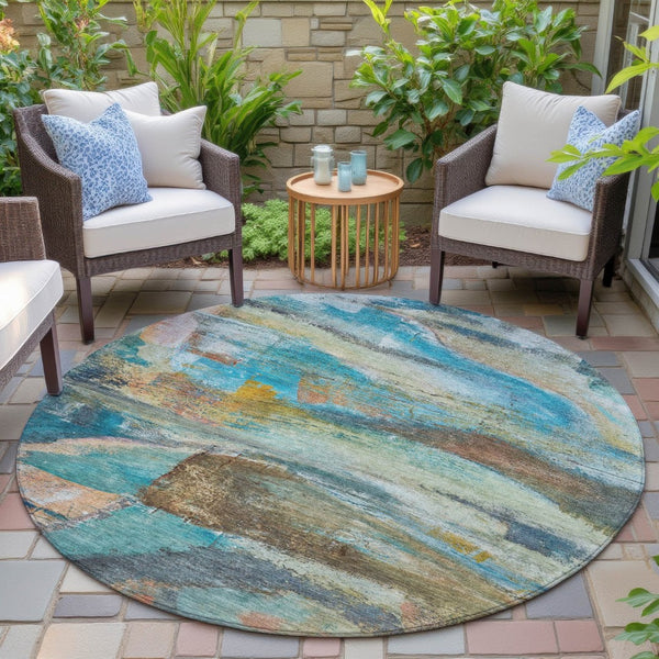 HomeRoots 8' Teal Blue Copper Abstract Round Rug – Washable, Durable, Perfect for Indoor & Outdoor Spaces 629963