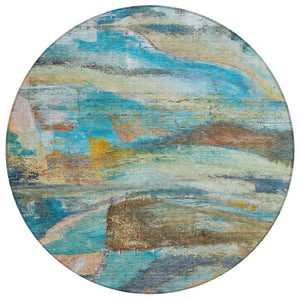 HomeRoots 8' Teal Blue Copper Abstract Round Rug – Washable, Durable, Perfect for Indoor & Outdoor Spaces 629963