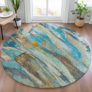 HomeRoots 8' Teal Blue Copper Abstract Round Rug – Washable, Durable, Perfect for Indoor & Outdoor Spaces 629963