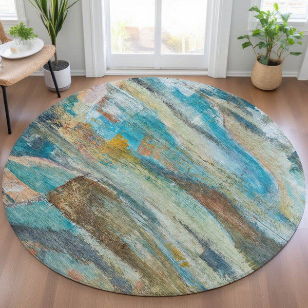 HomeRoots 8' Teal Blue Copper Abstract Round Rug – Washable, Durable, Perfect for Indoor & Outdoor Spaces 629963