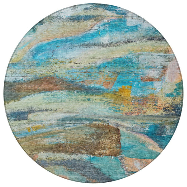 HomeRoots 8' Teal Blue Copper Abstract Round Rug – Washable, Durable, Perfect for Indoor & Outdoor Spaces 629963