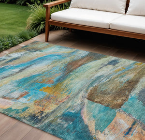 HomeRoots 9' X 12' Teal Blue Abstract Area Rug - Washable, Durable, Indoor/Outdoor Design for Modern Spaces 629965