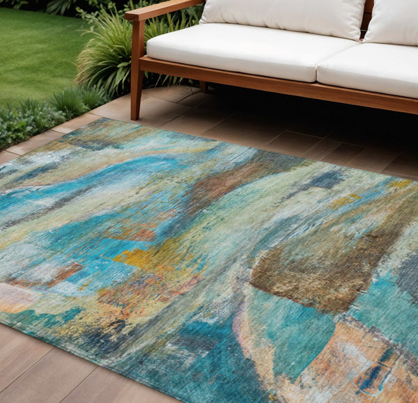 HomeRoots 9' X 12' Teal Blue Abstract Area Rug - Washable, Durable, Indoor/Outdoor Design for Modern Spaces 629965