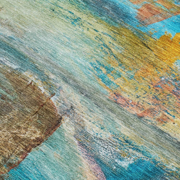 HomeRoots 9' X 12' Teal Blue Abstract Area Rug - Washable, Durable, Indoor/Outdoor Design for Modern Spaces 629965
