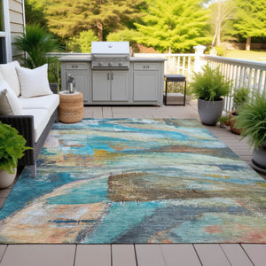 HomeRoots 9' X 12' Teal Blue Abstract Area Rug - Washable, Durable, Indoor/Outdoor Design for Modern Spaces 629965