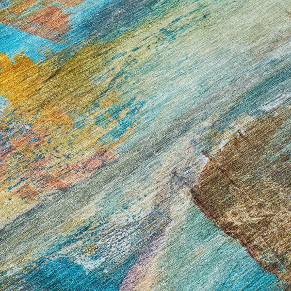 HomeRoots 9' X 12' Teal Blue Abstract Area Rug - Washable, Durable, Indoor/Outdoor Design for Modern Spaces 629965