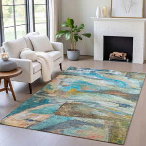 HomeRoots 9' X 12' Teal Blue Abstract Area Rug - Washable, Durable, Indoor/Outdoor Design for Modern Spaces 629965