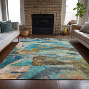 HomeRoots 9' X 12' Teal Blue Abstract Area Rug - Washable, Durable, Indoor/Outdoor Design for Modern Spaces 629965